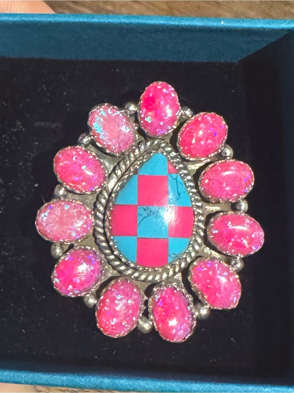 Southwestern hot pink opal Turquoise checkered sterling silver adjustable Ring
